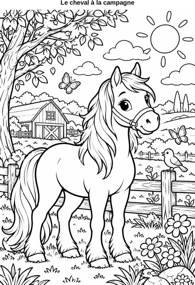 Aperçu du coloriage Le cheval à la campagne