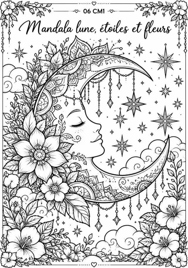 Aperçu du coloriage Mandala lune, étoiles et fleurs