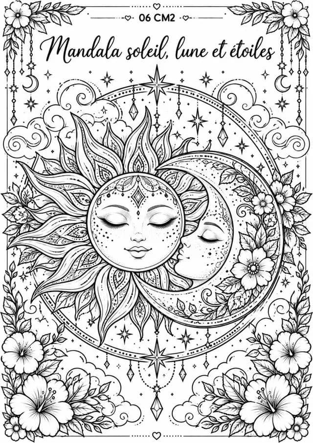 Aperçu du coloriage Mandala soleil, lune et étoiles